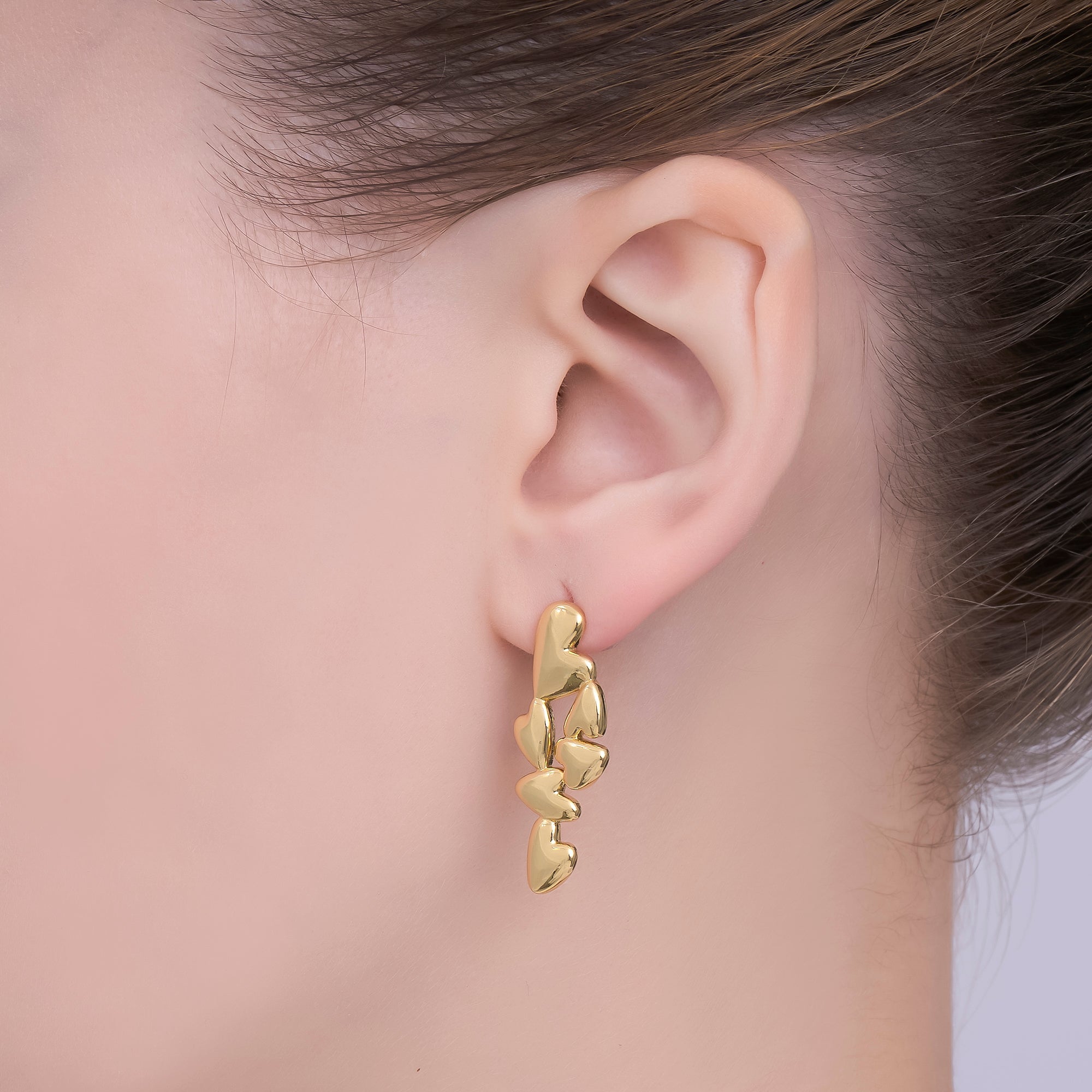 24K Gold Filled 32.5mm Multiple Hearts Drop Stud Earrings | AI456