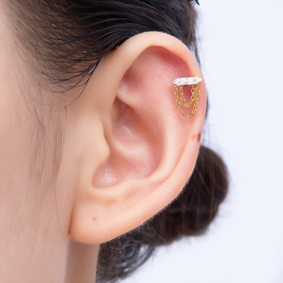Titanium 11mm Clear CZ Baguette Chain Drop Cartilage Piercing Flat Back Stud in Gold & Silver | Findings-00367 Findings-00368