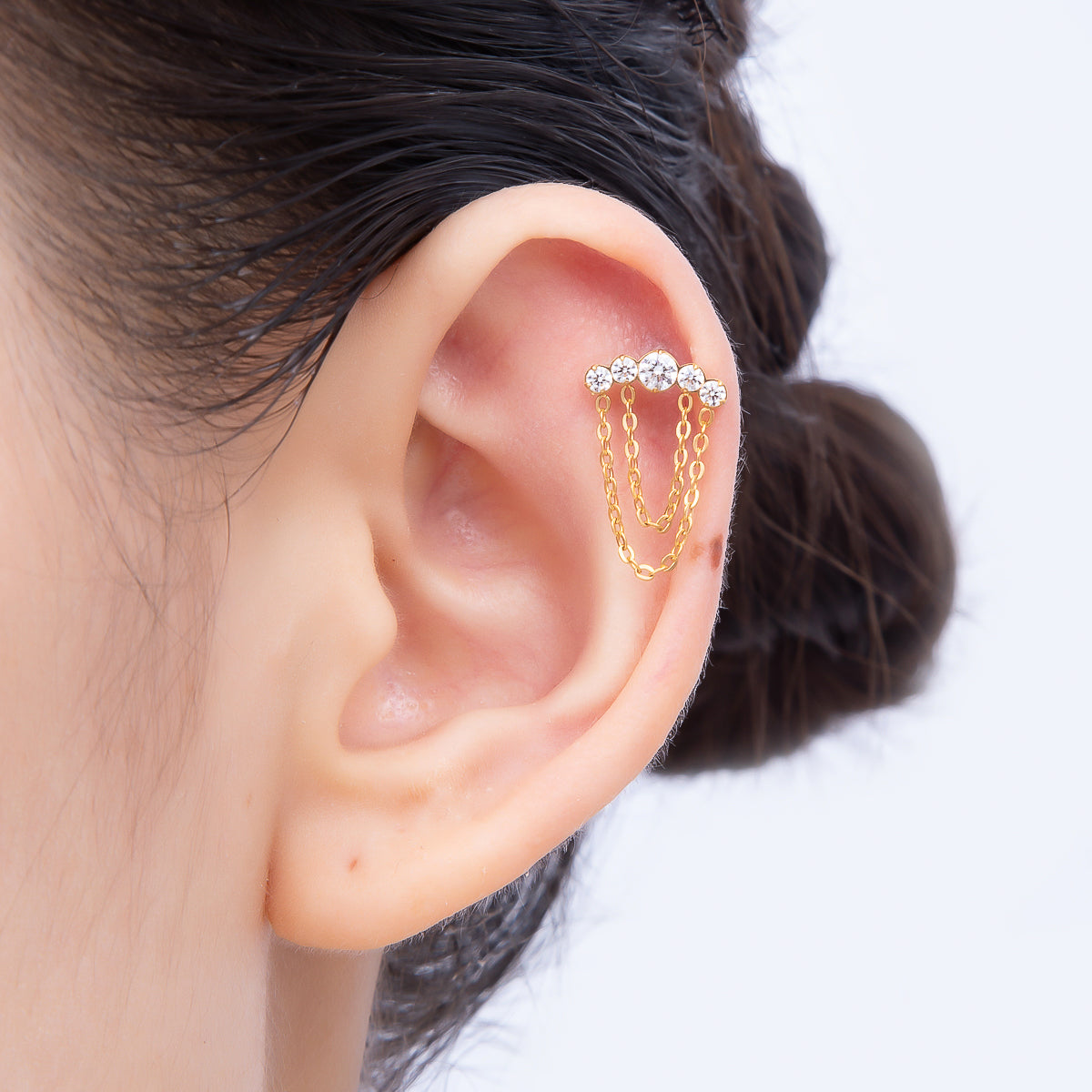 Titanium 18mm Multiple Clear CZ Round Chain Drop Cartilage Piercing Flat Back Stud in Gold & Silver | Findings-00373 Findings-00374