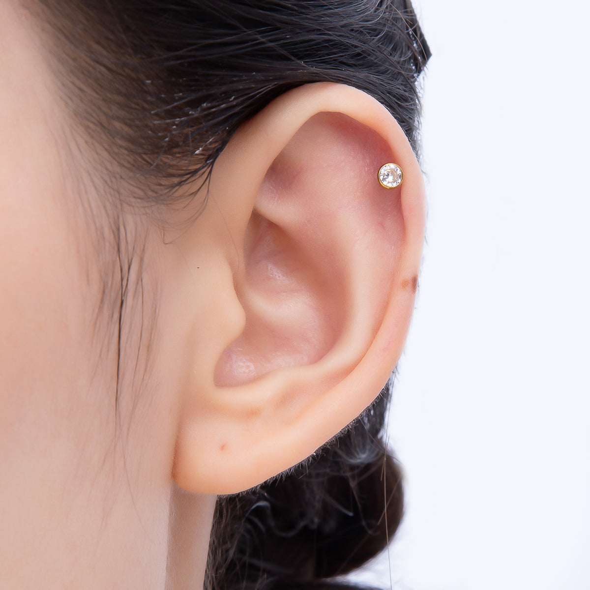Gold Titanium 4mm Round CZ Bezel Cartilage Piercing Flat Back Stud | Findings-00404