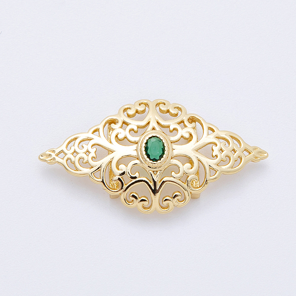 16K Gold Filled 34mm Green CZ Oval Filigree Geometric Charm Finding | Findings-00036