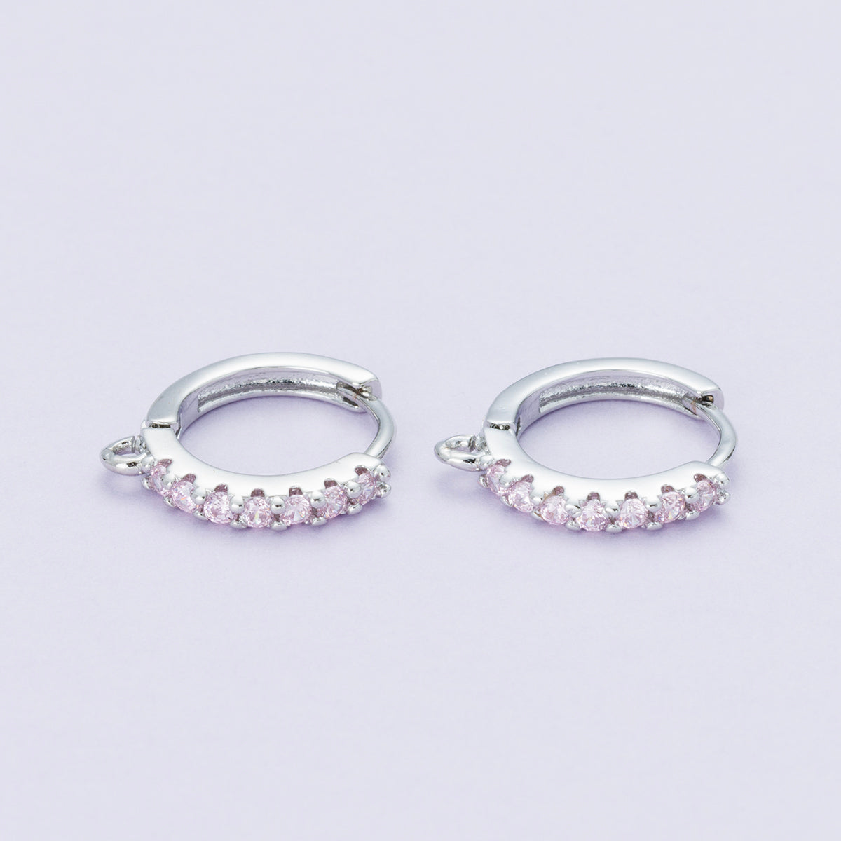 Rhodium Plated 16mm Pink, Turquoise Micro Paved CZ Open Loop Drop Huggie Earrings | Findings-00085 Findings-00086