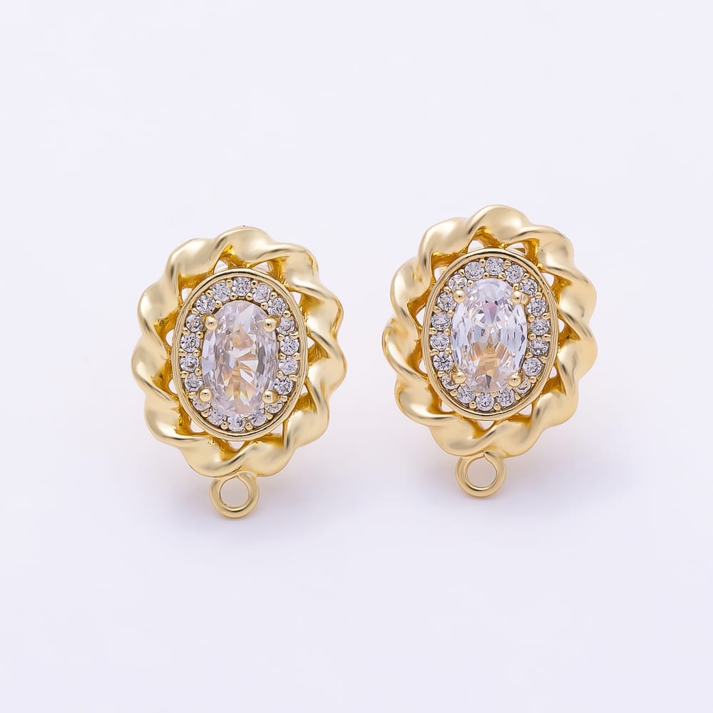 16K Gold Filled 15mm Clear Oval Micro Paved CZ Twisted Solitaire Loop Drop Stud Earring Findings | Findings-00193