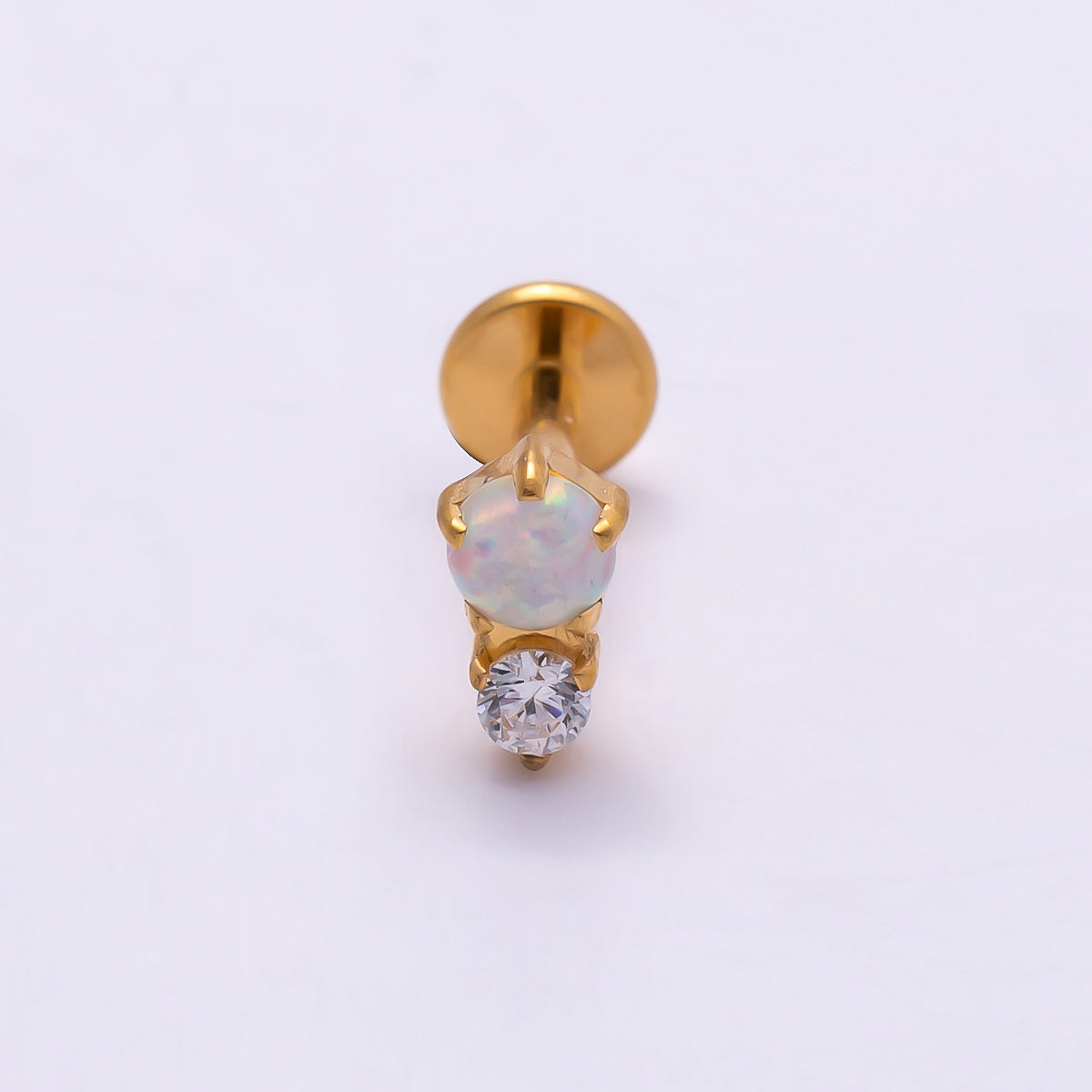 Stainless Steel 6mm White Opal Clear CZ Single Cartilage Piercing Flat Back Stud in Gold & Silver | Findings-00232 Findings-00233