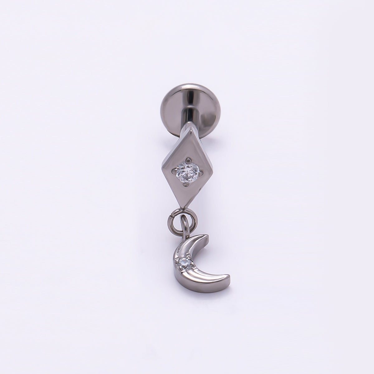 Stainless Steel 14mm CZ Crescent Moon Rhombus Drop Single Cartilage Piercing Flat Back Stud in Gold & Silver | Findings-00242 Findings-00243