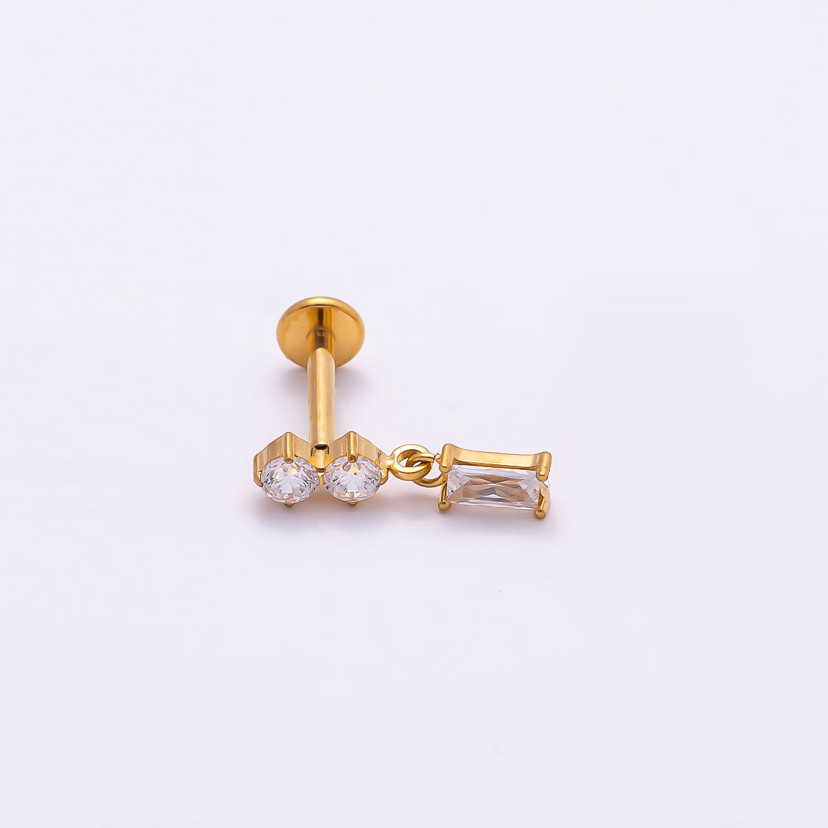24K Gold Filled 14mm Clear CZ Round Baguette Drop Single Cartilage Piercing Flat Back Stud in Gold & Silver | Findings-00248 Findings-00249