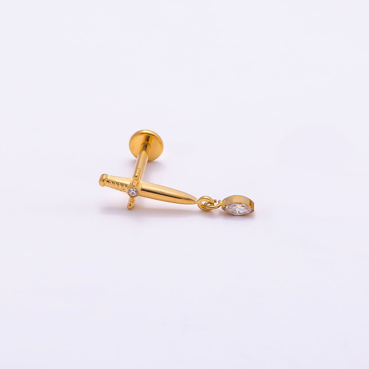 24K Gold Filled 13mm Dagger Knife CZ Drop Cartilage Piercing Flat Back Stud in Gold & Silver | Findings-00254 Findings-00255