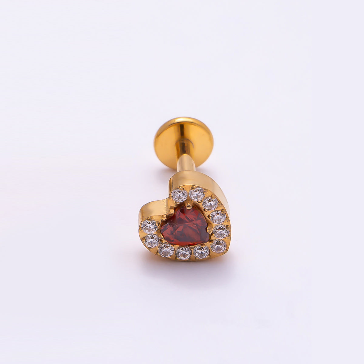 24K Gold Filled 5.5mm Red Micro Paved CZ Heart Cartilage Piercing Flat Back Stud in Gold & Silver | Findings-00256 Findings-00257