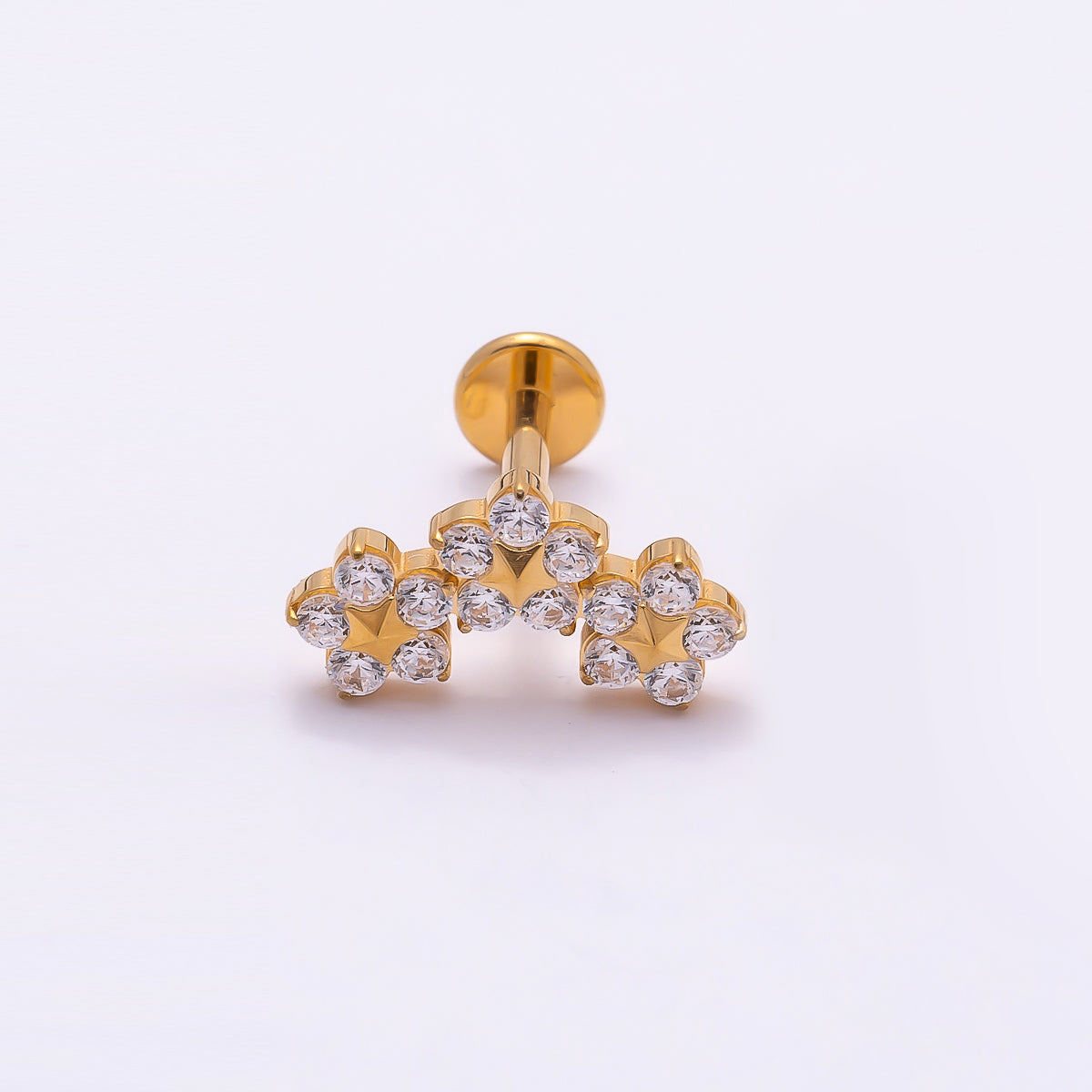 24K Gold Filled 6mm Clear CZ Triple Flower Cartilage Piercing Flat Back Stud in Gold & Silver | Findings-00258 Findings-00259