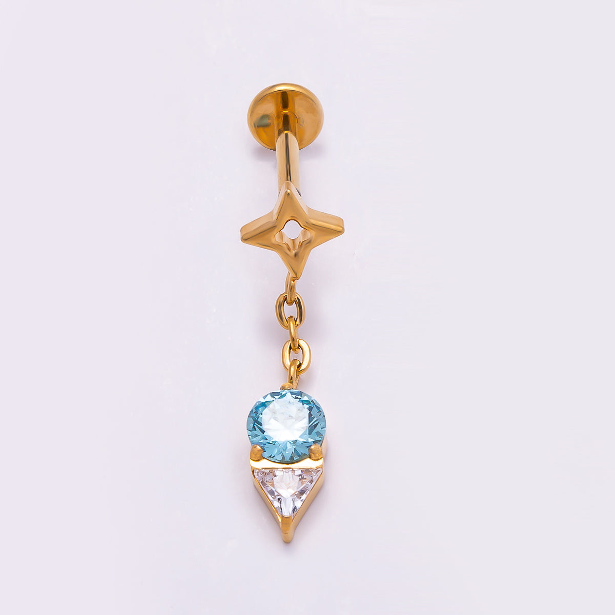 24K Gold Filled 20mm Blue Clear CZ Star Drop Cartilage Piercing Flat Back Stud in Gold & Silver | Findings-00262 Findings-00263