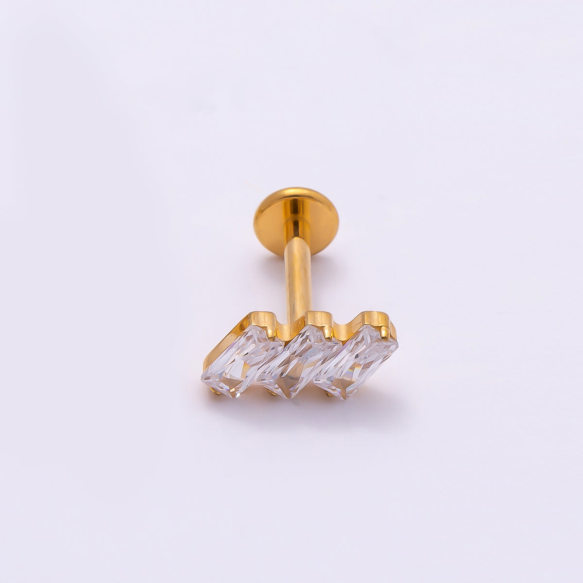 24K Gold Filled 4mm Triple Baguette CZ Cartilage Piercing Flat Back Stud in Gold & Silver | Findings-00271 Findings-00272