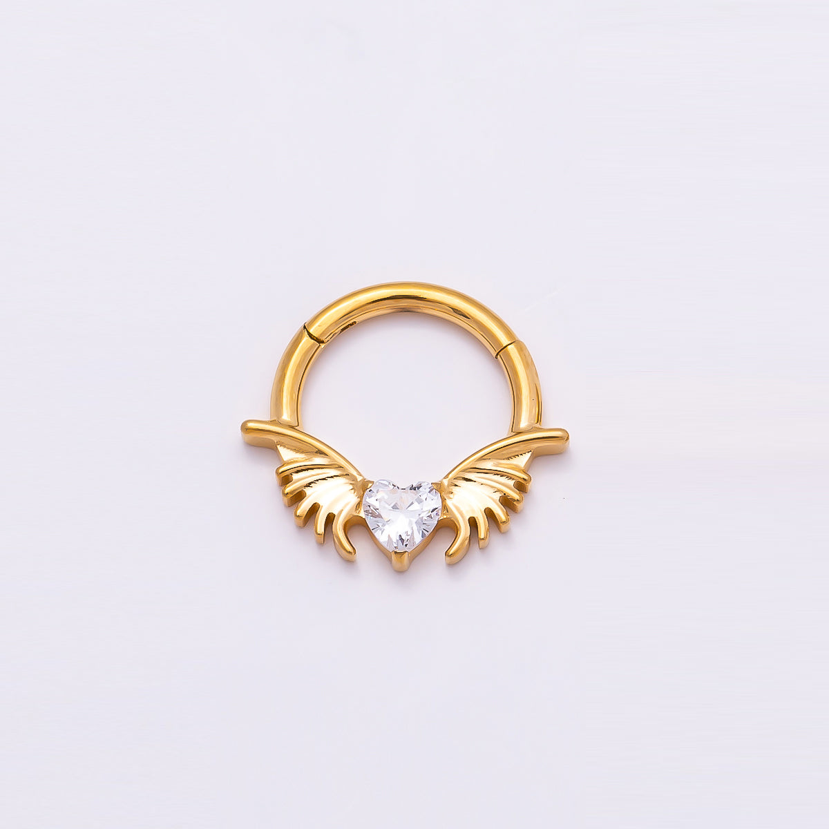 Titanium 12.5mm Clear CZ Heart Wings Single Septum Cartilage Piercing Clicker in Gold & Silver | Findings-00311 Findings-00312