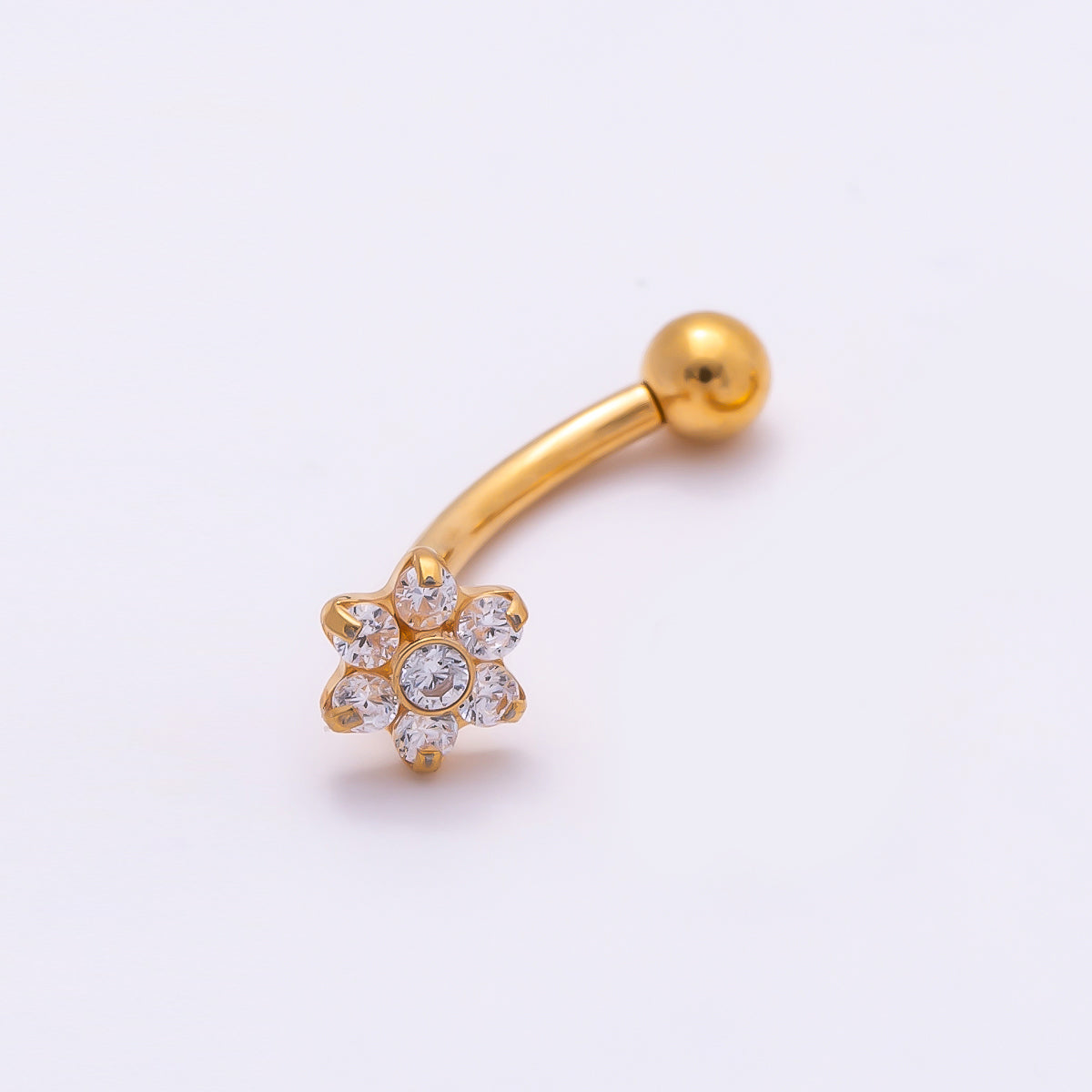 Titanium 5mm Flower Clear CZ Curved Eyebrow Barbell Piercing Stud in Gold & Silver | Findings-00341 Findings-00342