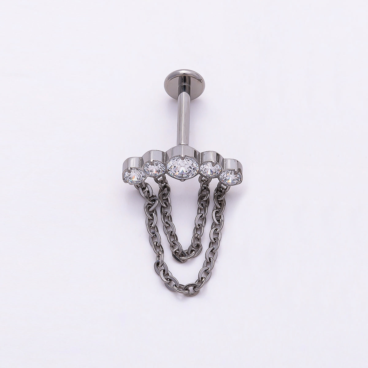 Titanium 18mm Multiple Clear CZ Round Chain Drop Cartilage Piercing Flat Back Stud in Gold & Silver | Findings-00373 Findings-00374