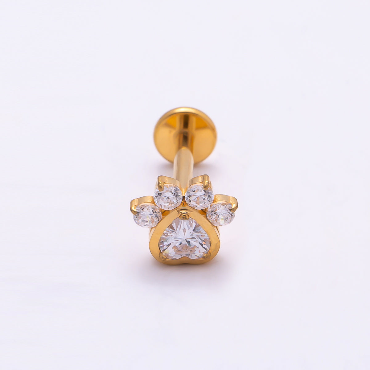 Titanium 5.5mm Clear CZ Pawprint Cartilage Piercing Flat Back Stud in Gold & Silver | Findings-00385 Findings-00386