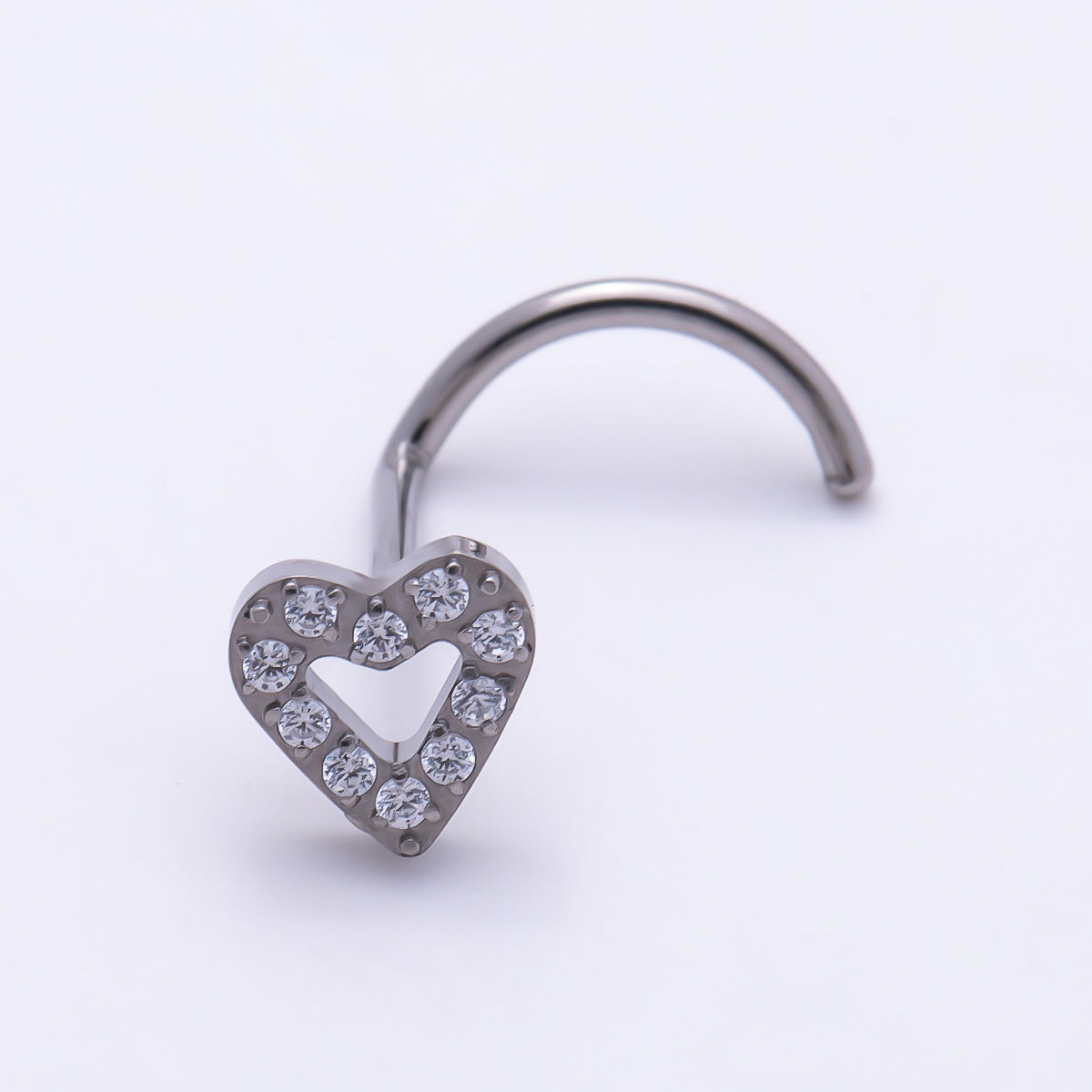 Titanium 4.5mm Open Heart Micro Paved CZ Cartilage Nose Single Piercing Stud in Gold & Silver | Findings-00446
