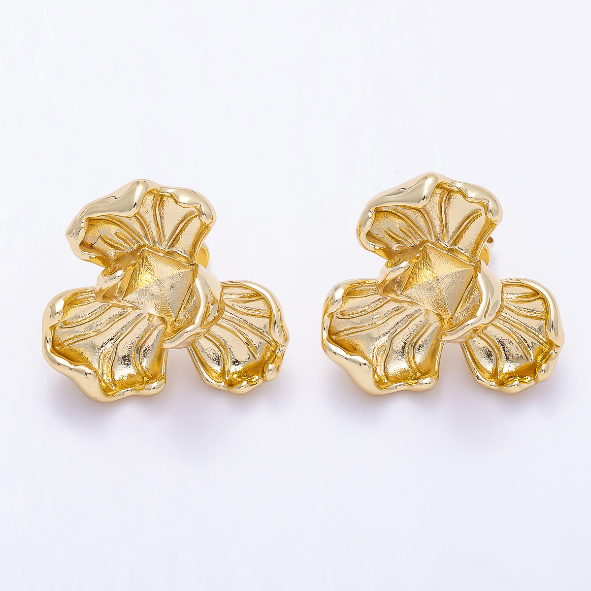 16K Gold Filled 30mm Minimalist Geometric Foil Flower Drop Stud Earrings | Findings-00489