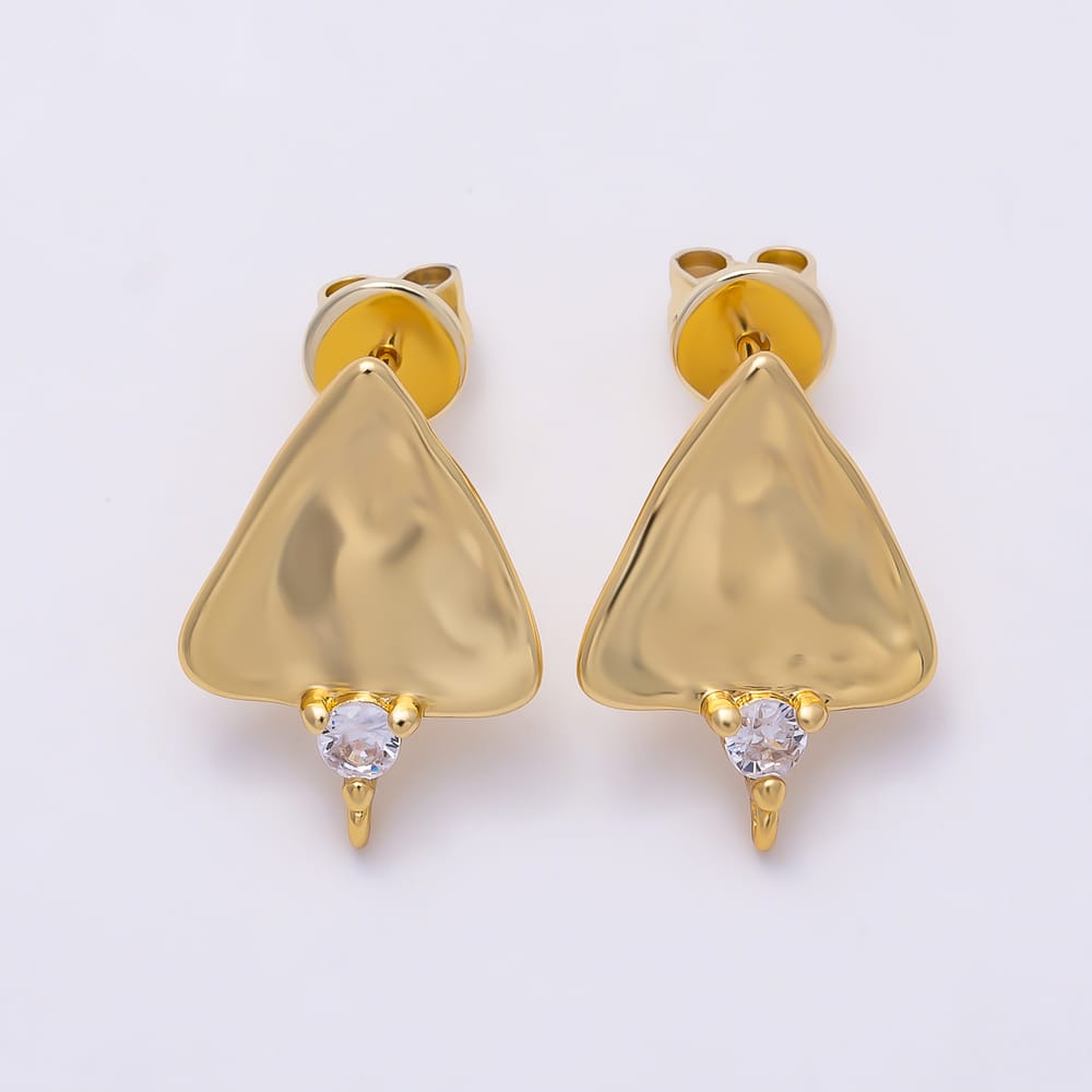 16K Gold Filled 18mm Clear CZ Geometric Hammered Triangle Drop Stud Earring Findings | Findings-00511