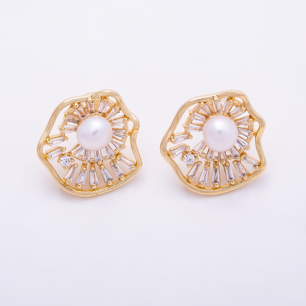 16K Gold Filled 20mm Shell Pearl Clear Baguette CZ Irregular Organic Flower Stud Earring | Findings-00585