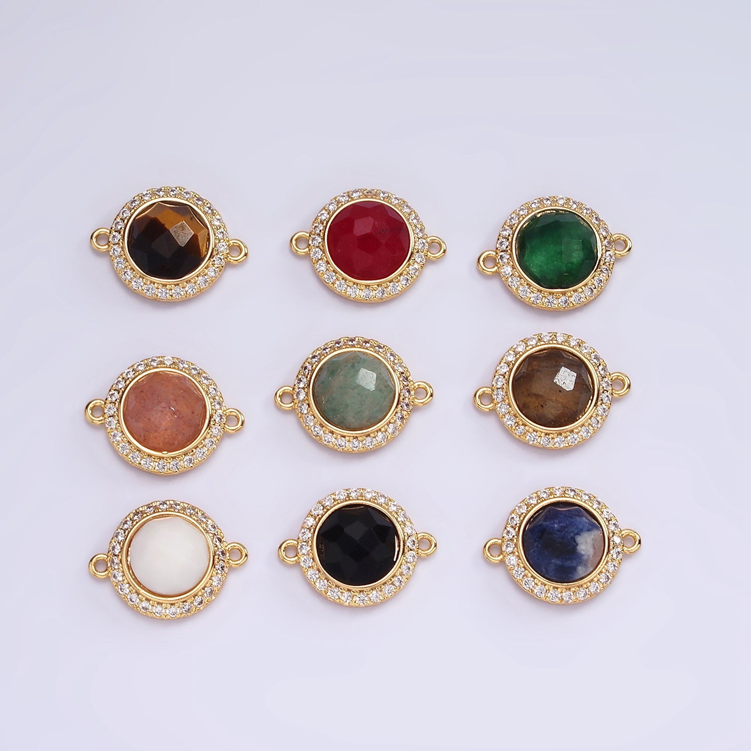 14K Gold Filled 12mm Multifaceted Natural Gemstone Micro Paved CZ Round Connector | G143 - G151