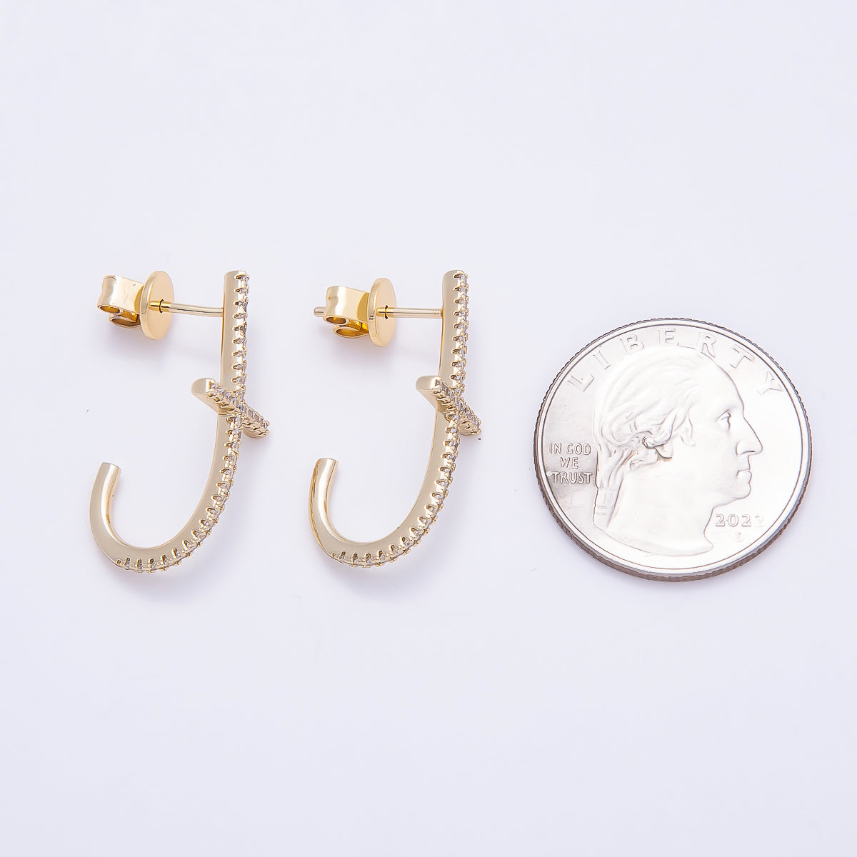 16K Gold Filled 27mm Clear T J-Shaped Micro Paved CZ Stud Earrings | Earrings-00432
