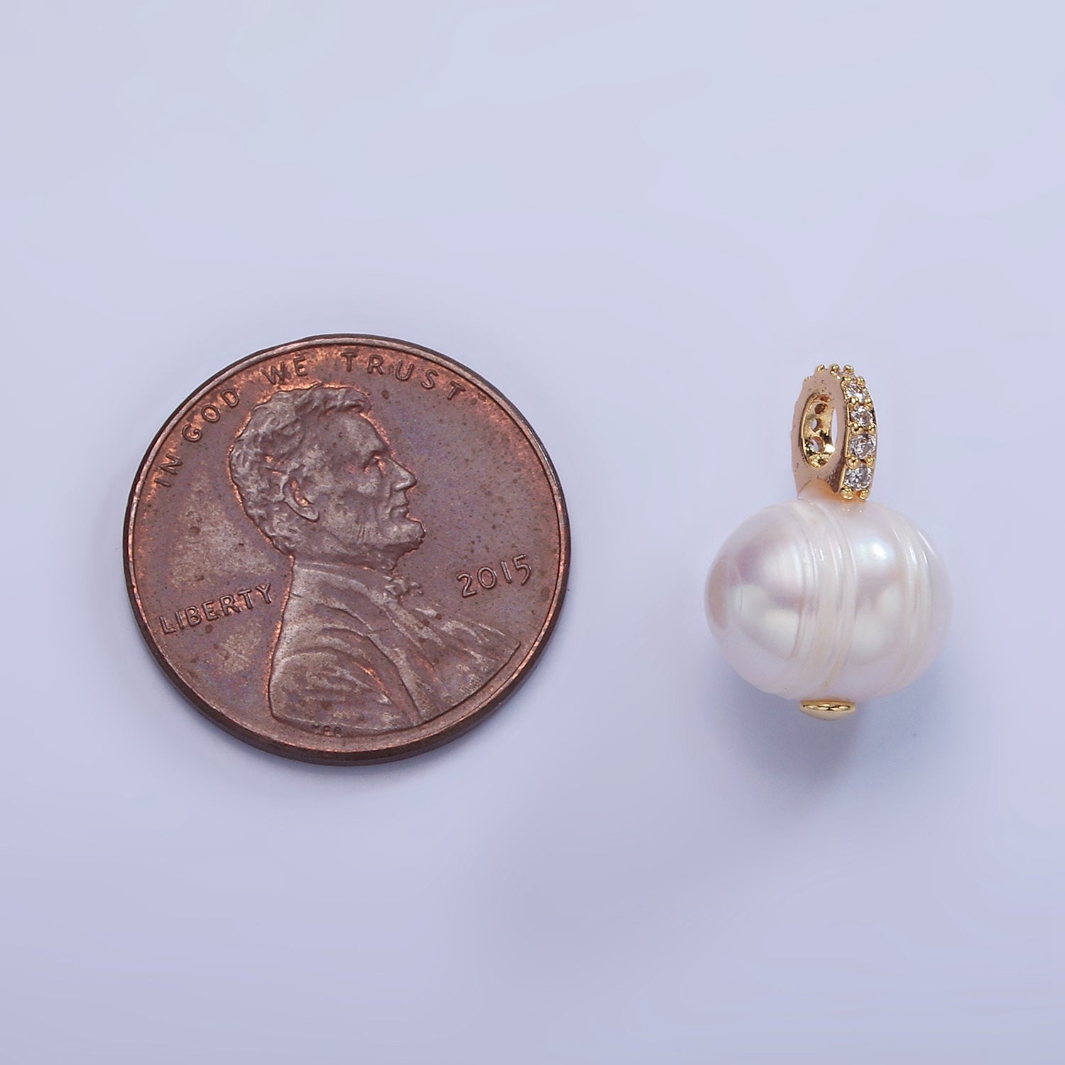 14K Gold Filled Ringed Button Freshwater Pearl Micro Paved CZ Bail Drop Pendant | P1708 - DLUXCA