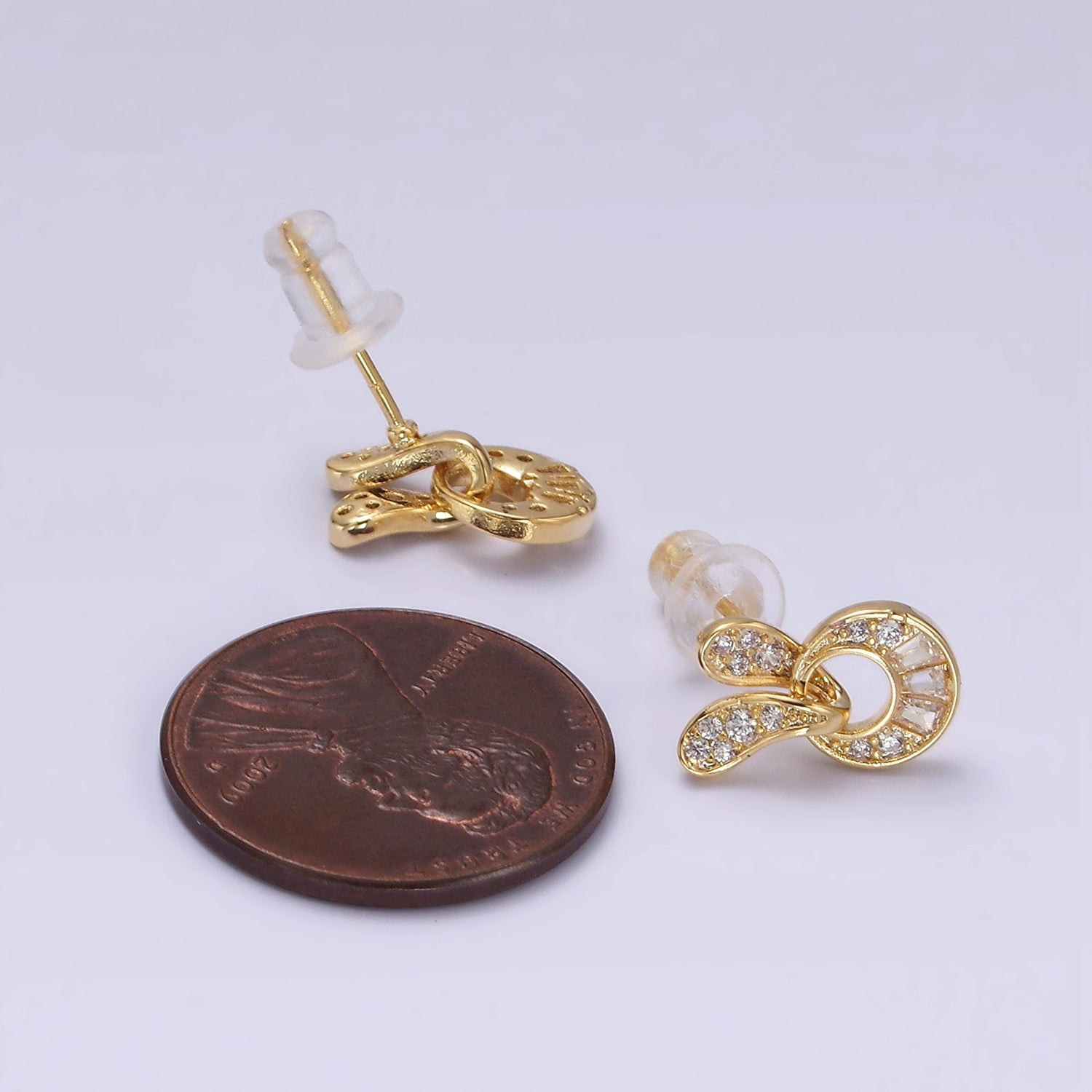 14K Gold Filled Open Geometric Baguette Micro Paved CZ Stud Earrings in Gold & Silver | V276 V277 - DLUXCA