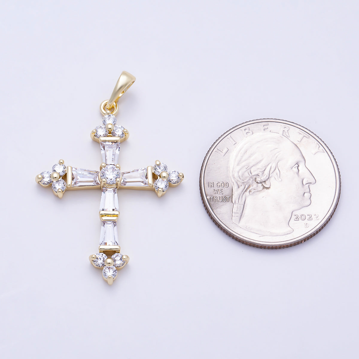 16K Gold Filled 35mm Clear CZ Baguette Micro Paved Religious Cross Pendant | Charms-01380