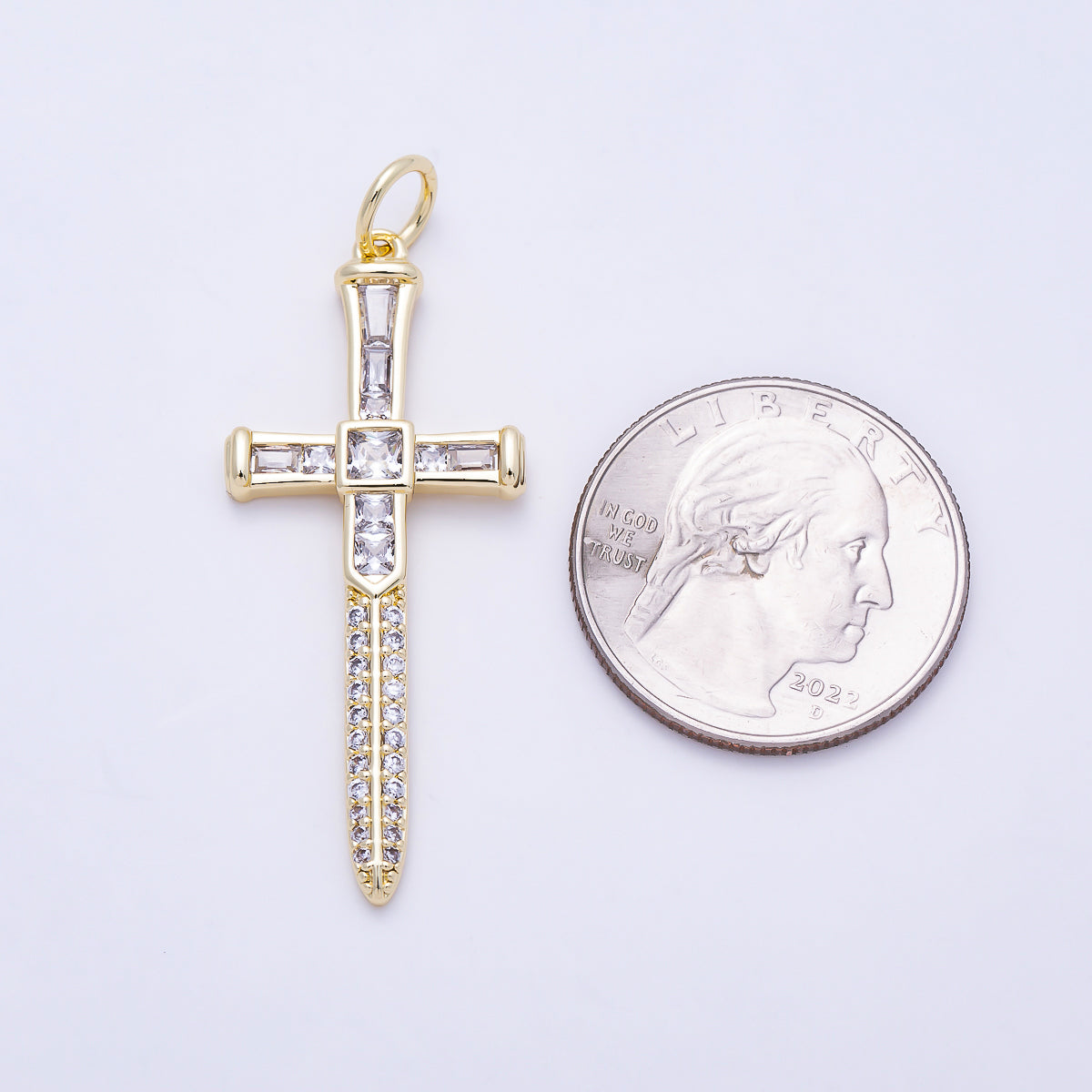 16K Gold Filled 43mm Baguette Micro Paved CZ Sword Cross Religious Pendant | Charms-01385