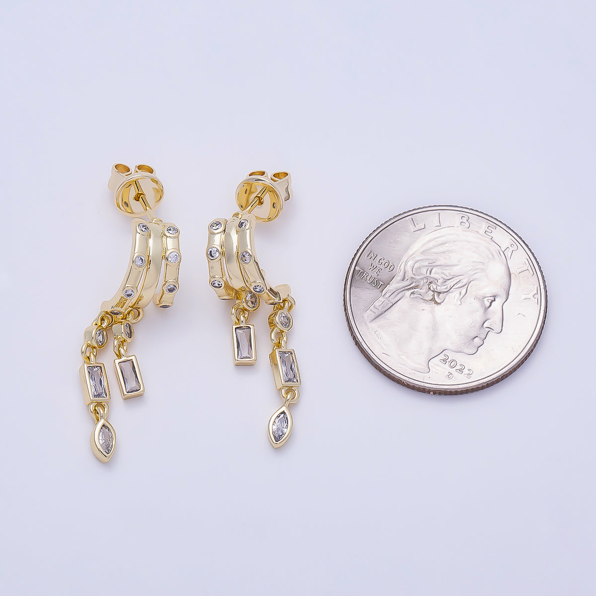 16K Gold Filled 31.5mm Baguette Marquise CZ Dotted Drop C-Shaped Hoop | Earrings-00686