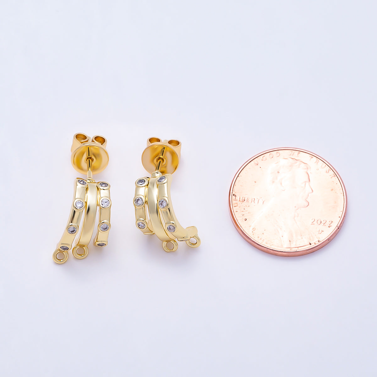 16K Gold Filled 19mm Clear CZ Dotted Triple Claw Drop C-Shaped Hoop Earring Findings in Gold & Silver| Findings-00491 Findings-00492