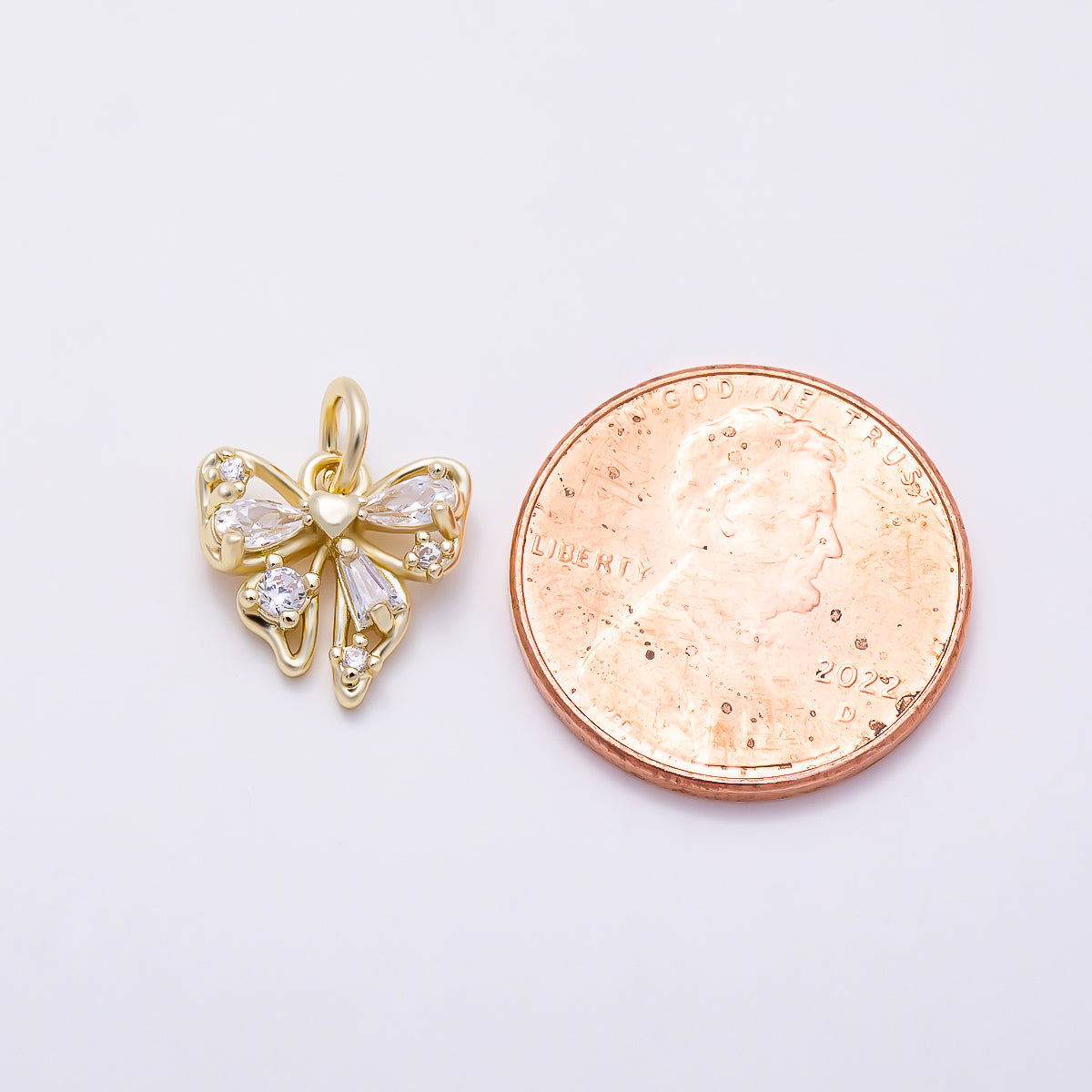 16K Gold Filled 11mm Clear CZ Cluster Coquette Ribbon Bow Open Charm | Charms-01606
