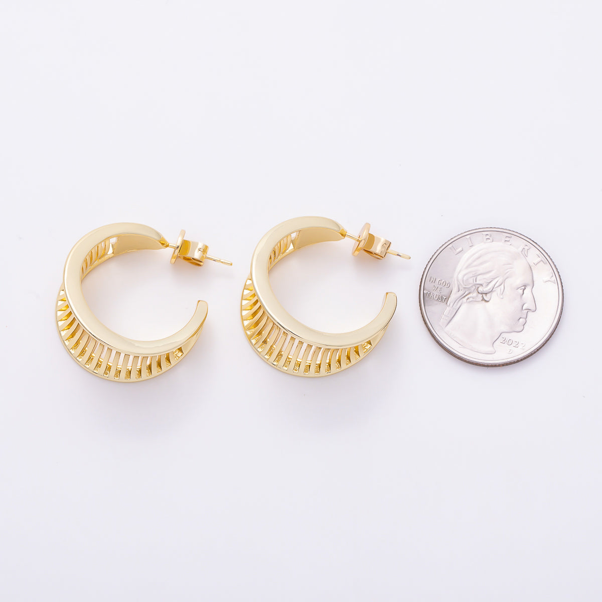 16K Gold Filled 25mm Open Lined Wide Geometric C-Shaped Hoop Earrings | Earrings-00797