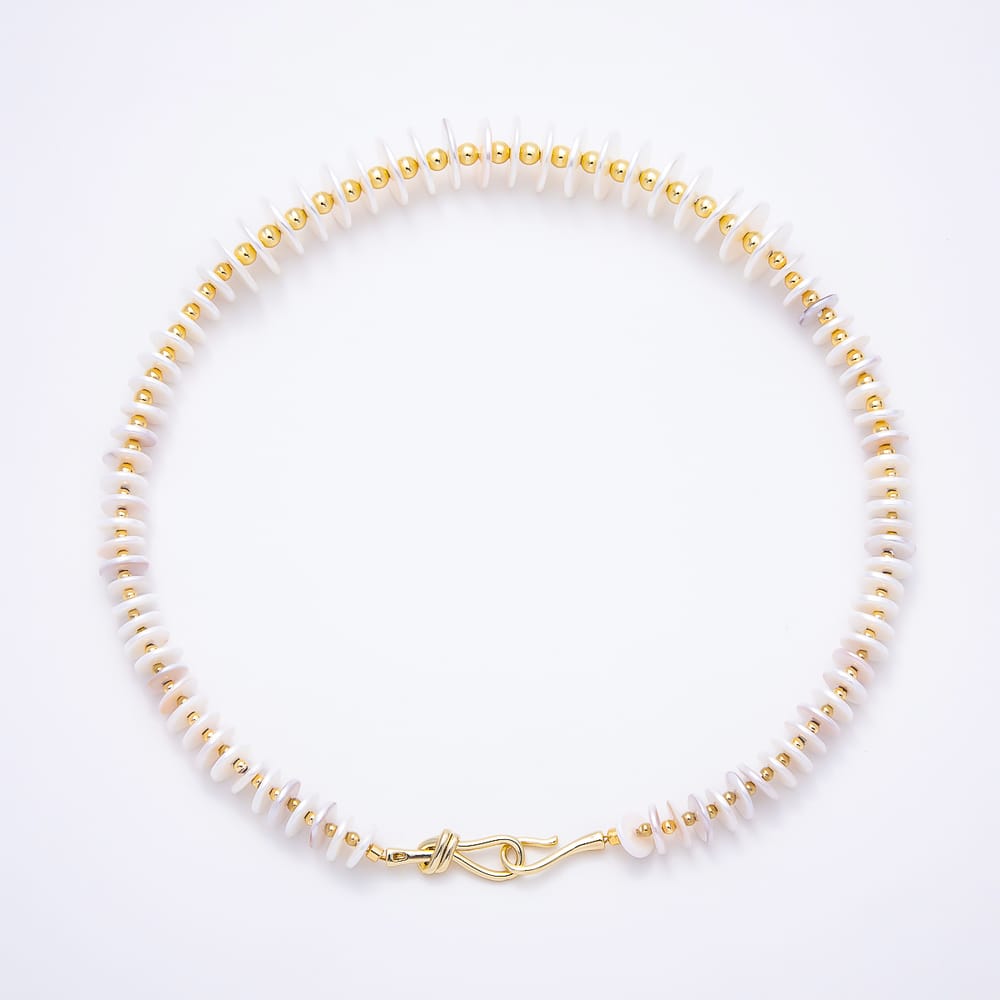 16K Gold Filled 15mm White Freshwater Pearl Heishi Disc Bead Gemstone Chain 19 Inch Necklace w. Hook Closure | WA-02250