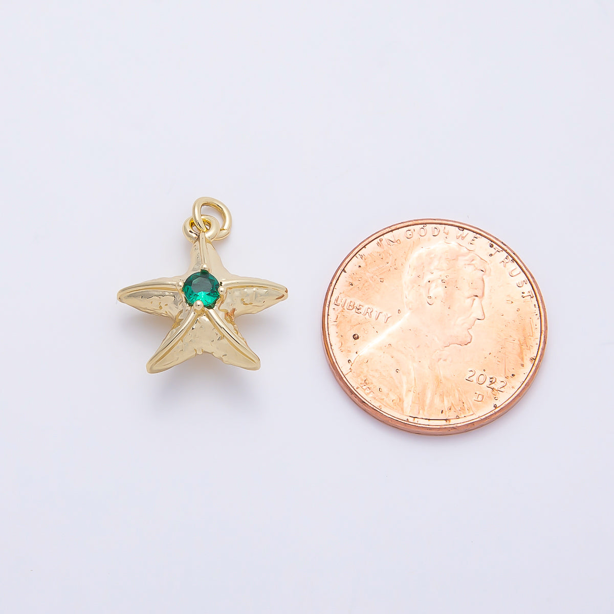 16K Gold Filled 14.5mm Green Teal CZ Textured 3D Multidimensional Starfish Charm | Charms-01255