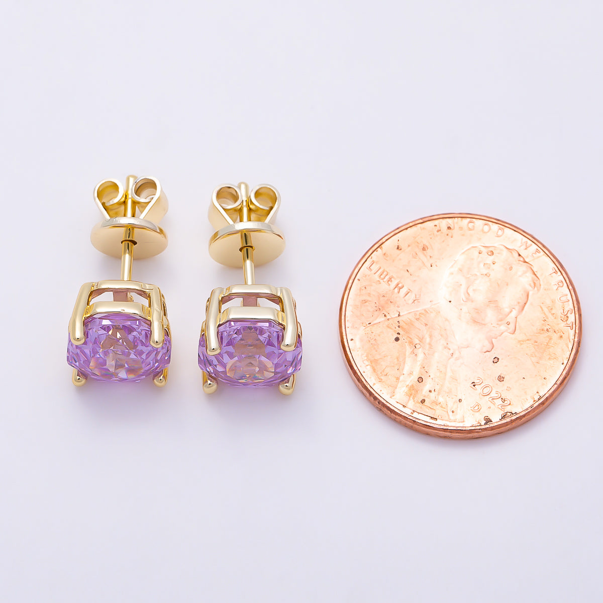 16K Gold Filled 8mm Clear, Purple, Pink CZ Prong Hexagon Round Stud Earrings | Earrings-00716 ~ Earrings-00719