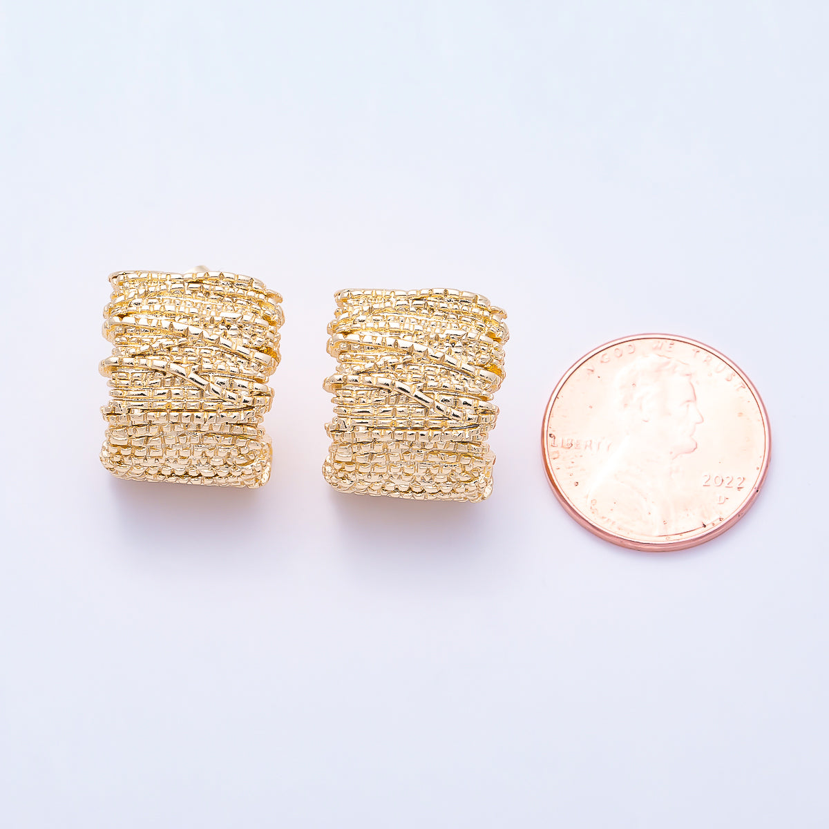 16K Gold Filled 18mm Ribbed Lined Textured Geometric Wide J-Shaped Hoop | Earrings-00800