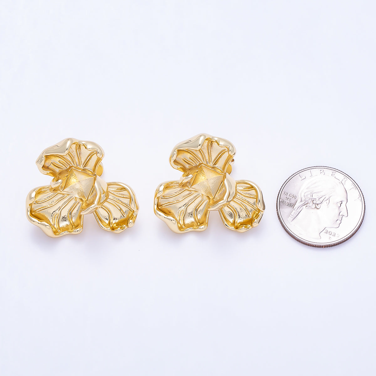 16K Gold Filled 30mm Minimalist Geometric Foil Flower Drop Stud Earrings | Findings-00489