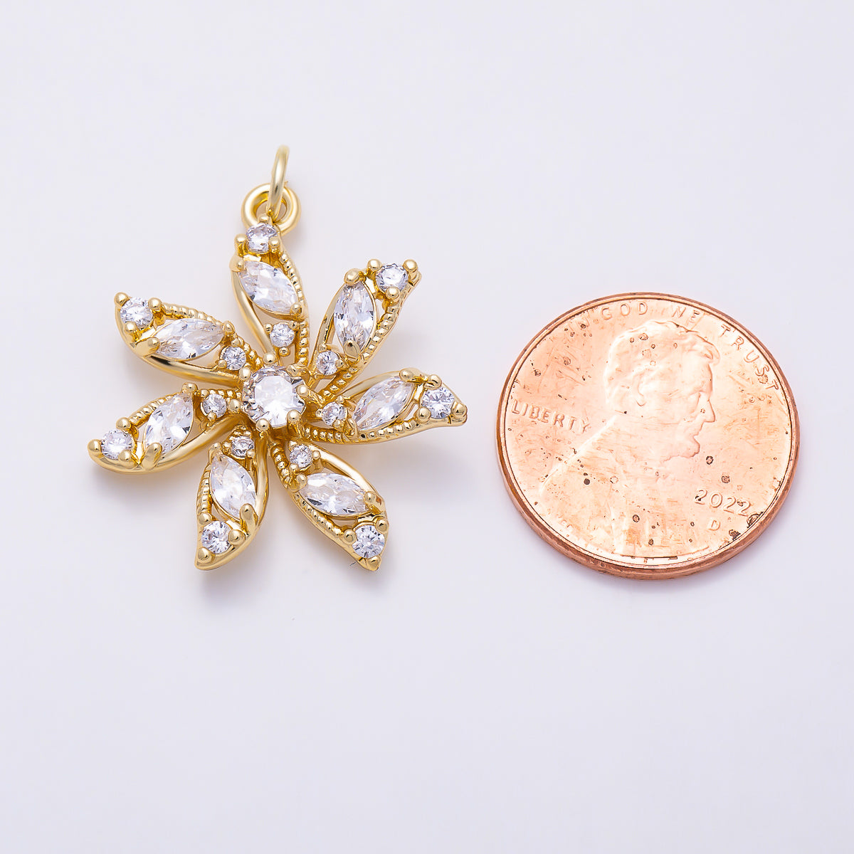 16K Gold Filled 24mm Clear CZ Marquise Round Petal Flower Charm | Charms-01546
