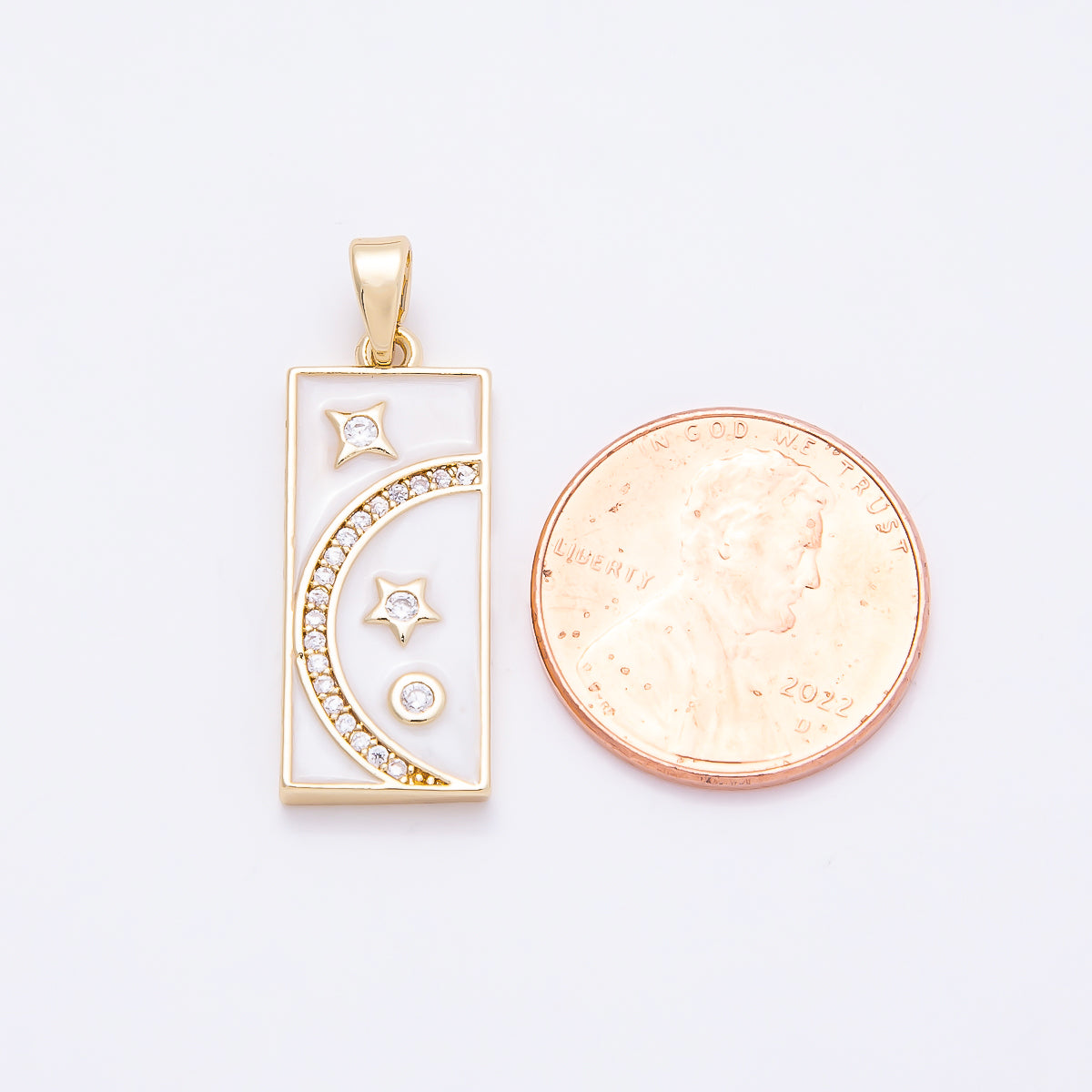 16K Gold Filled 24mm Micro Paved CZ White Enamel Celestial Moon Star Rectangular Tag Pendant | Charms-00953
