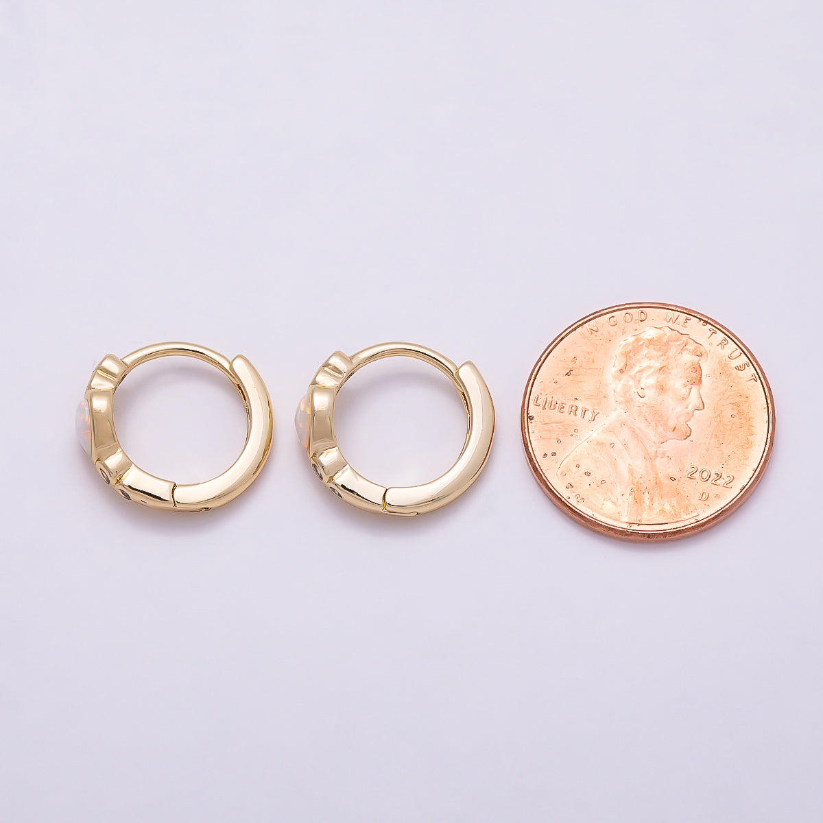 16K Gold Filled 15mm White Opal Clear CZ Dotted Heart Cartilage Huggie Earrings | Earrings-00427