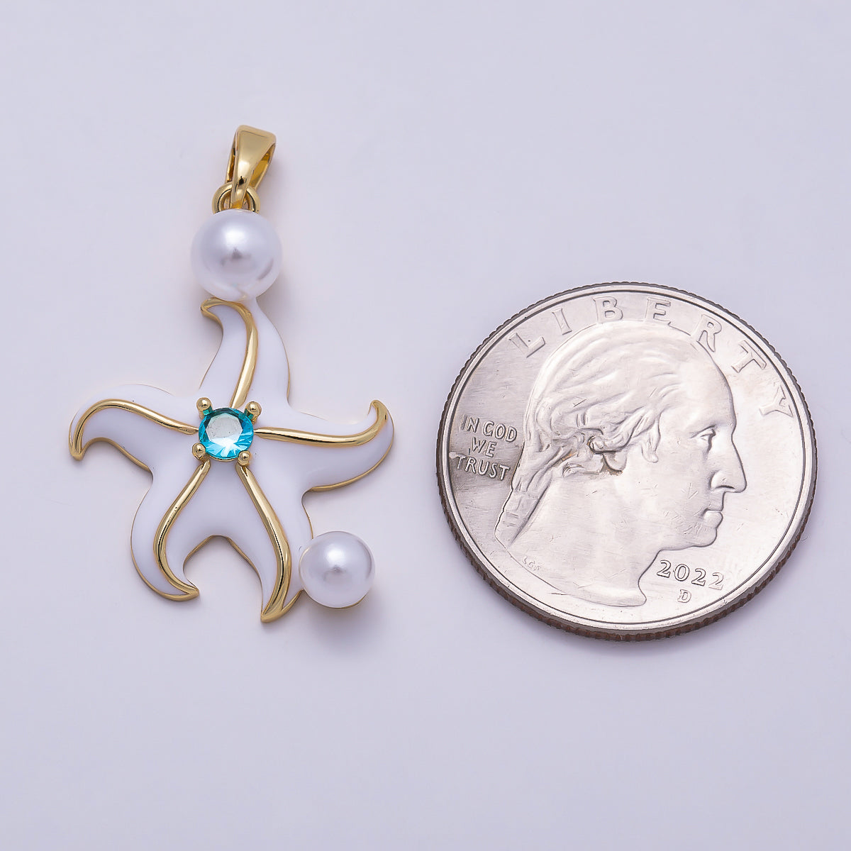16K Gold Filled 29mm Blue CZ Shell Pearl Starfish Pendant | Charms-00946