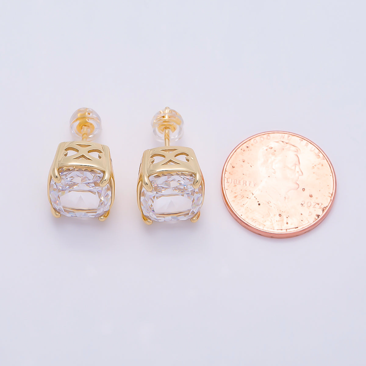 16K Gold Filled 11mm Clear CZ Rounded Oval Baguette Prong Stud | Earrings-00694