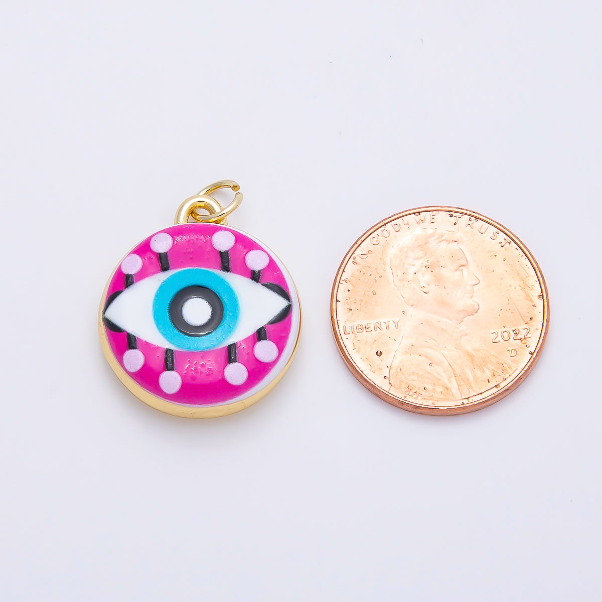 16K Gold Filled 20mm Blue Pink Evil Eye Enamel Round Charm | Charms-01241