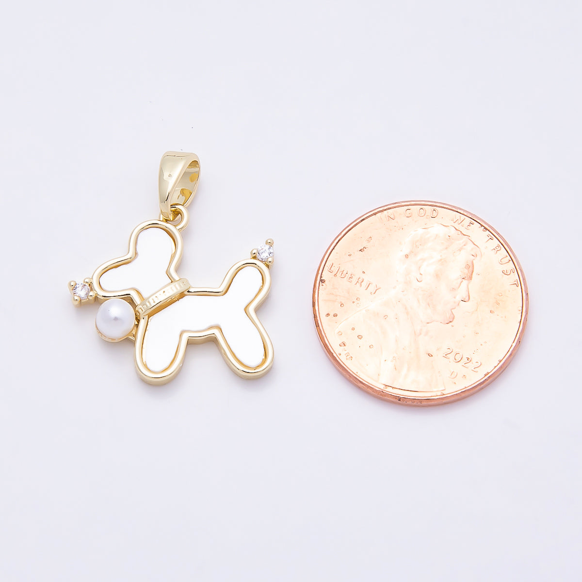 16K Gold Filled 18mm Shell Pearl Clear CZ Balloon Dog Animal Pendant | Charms-00948