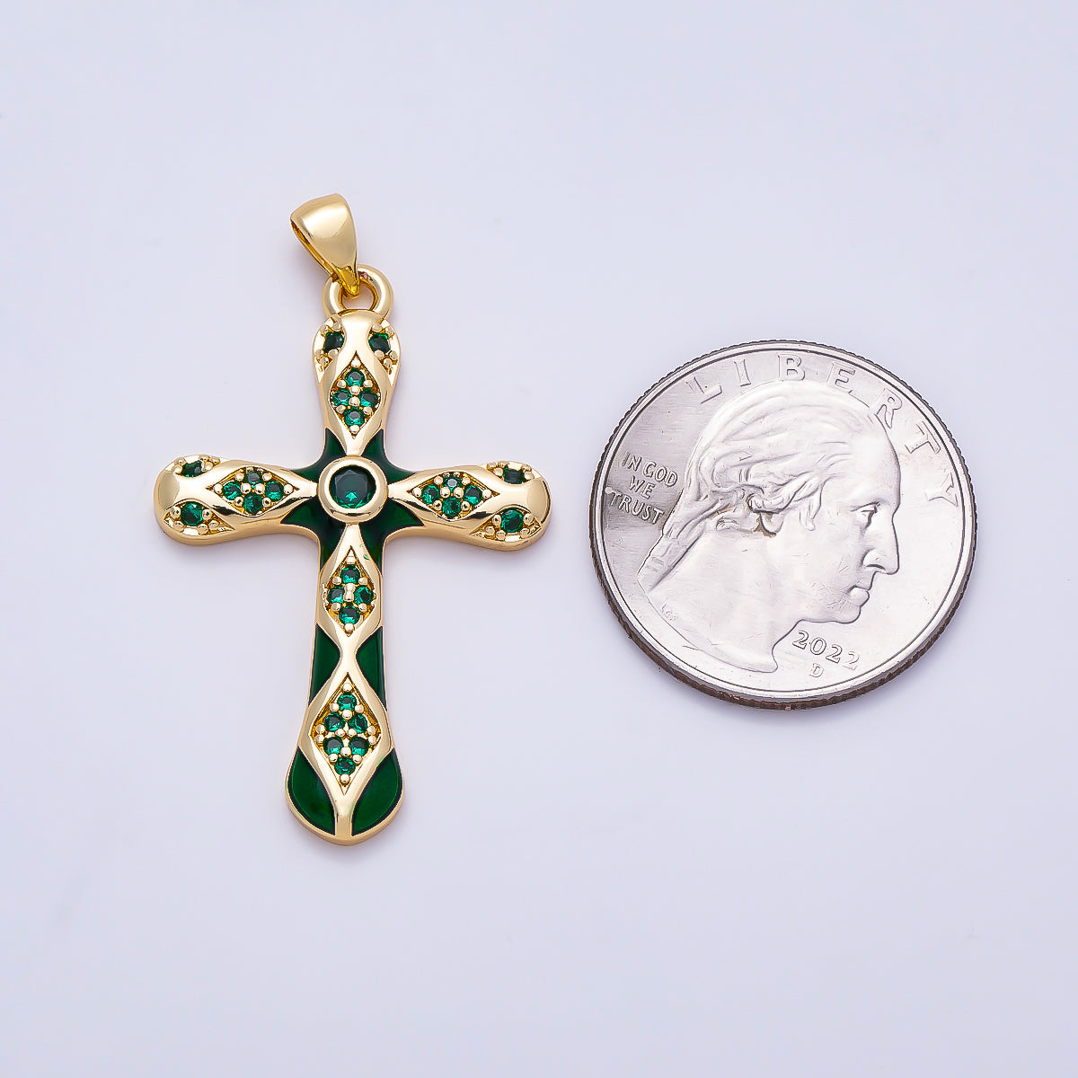 16K Gold Filled 37mm White, Green, Red Enamel Micro Paved CZ Geometric Cross Pendant | Charms-01316 ~ Charms-01318
