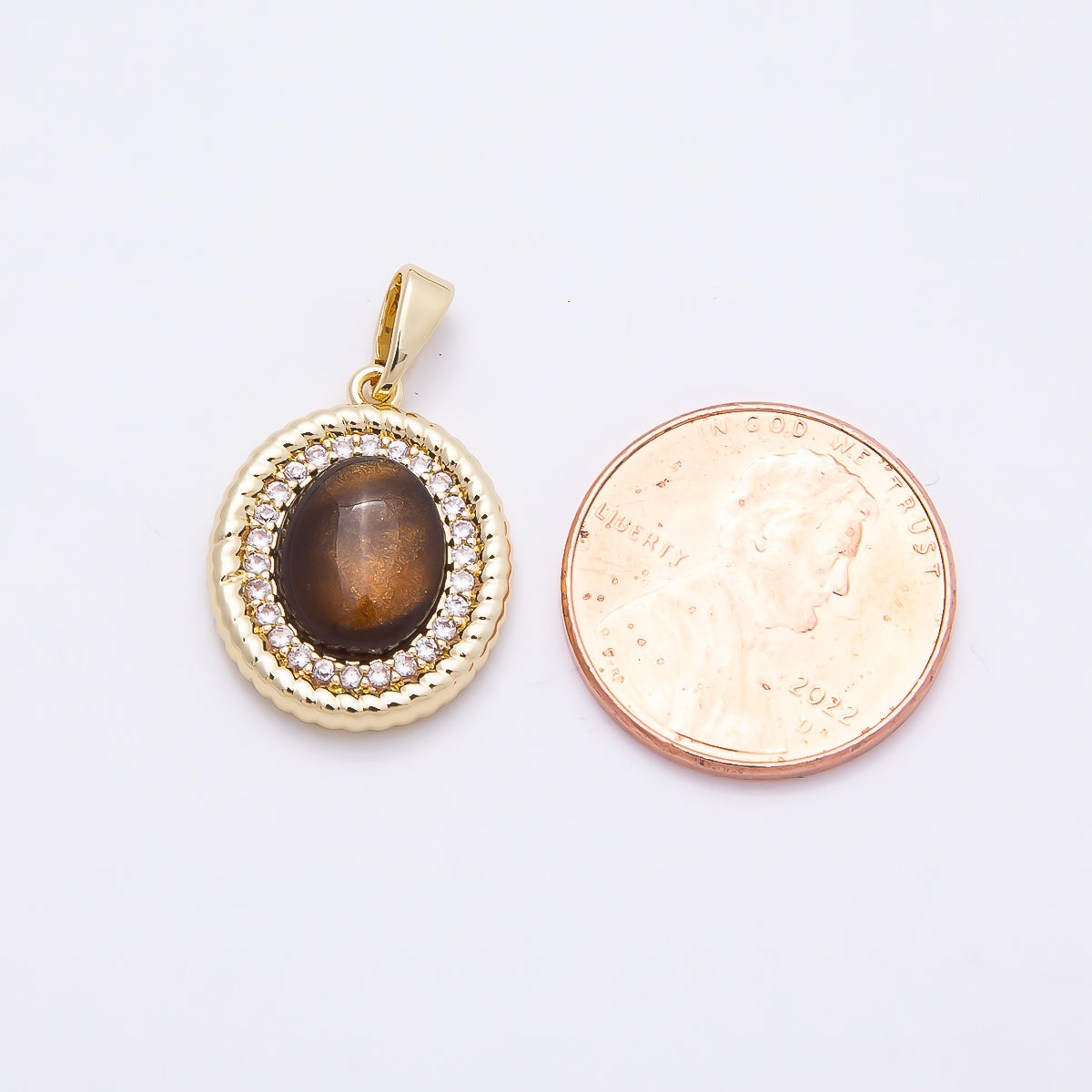 16K Gold Filled 18mm Tiger Eye Cabochon Micro Paved CZ Croissant Bezel Oval Pendant | Charms-00952