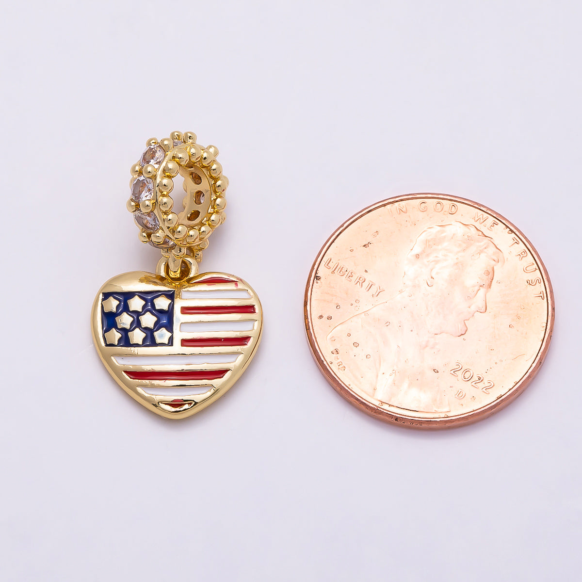 16K Gold Filled 13mm Micro Paved CZ Puffy Heart USA Flag Enamel Pendant | Charms-00961