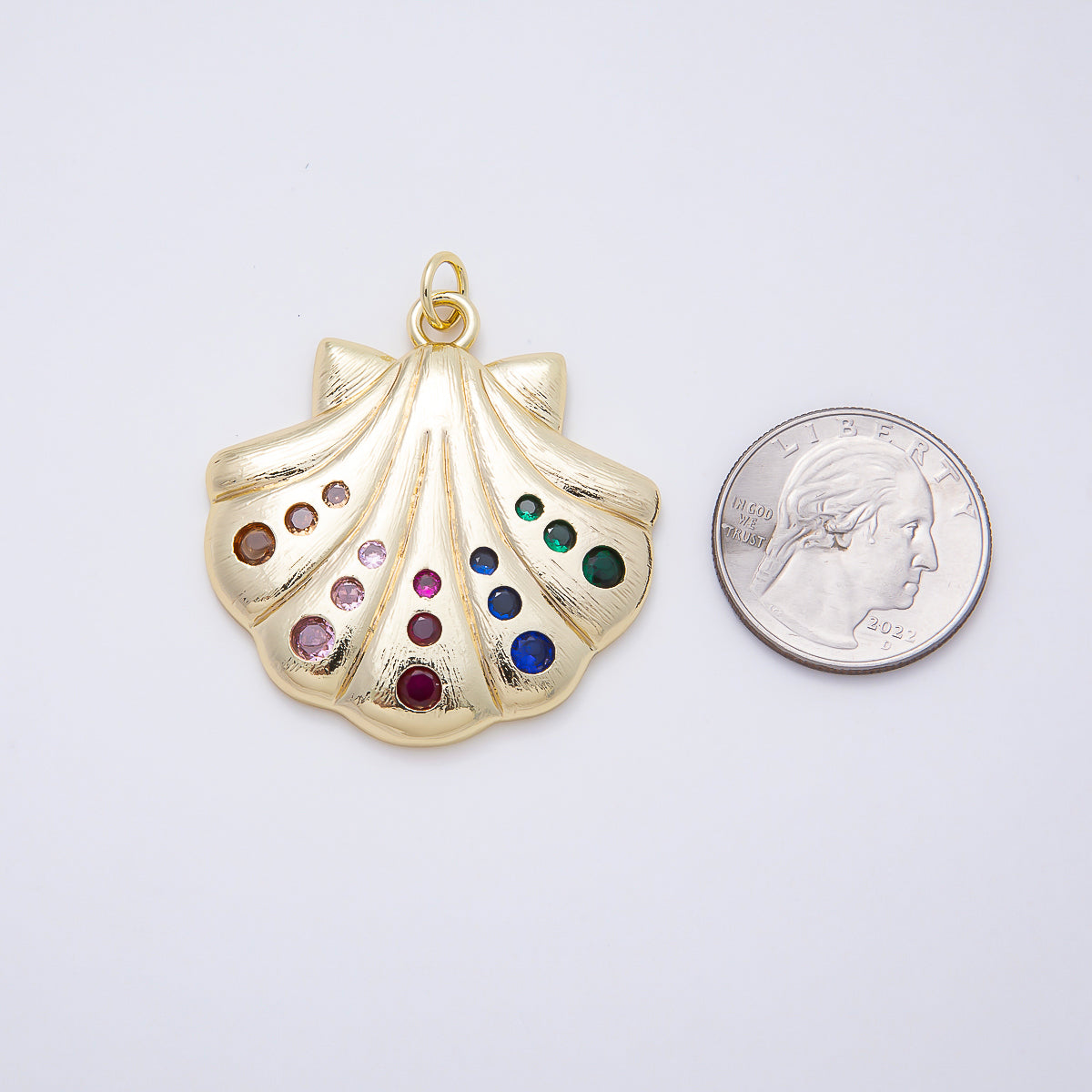 16K Gold Filled 41.5mm Multicolor CZ Dotted Textured Clam Sea Shell Charm | Charms-01060