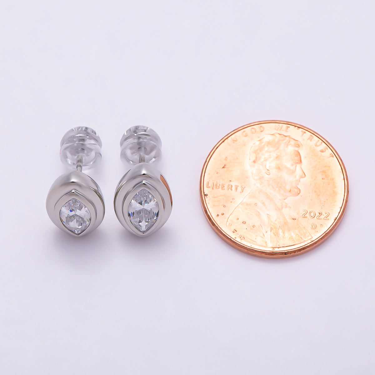 16K Gold Filled 11mm Clear CZ Marquise Bezel Stud Earrings in Gold & Silver | Earrings-00423 Earrings-00424